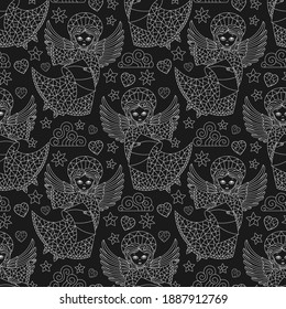 Seamless pattern on the theme of Easter day, cute angels and hearts, light contours on a dark background