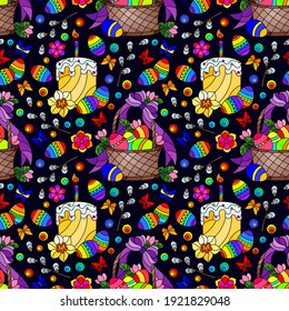 Seamless pattern on the theme of the Easter holiday , baskets, cakes, eggs and flowers on a dark background
