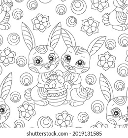 Seamless pattern on the theme of the Easter holiday, cute cartoon dark contour rabbits and flowers, outline animals on a white background