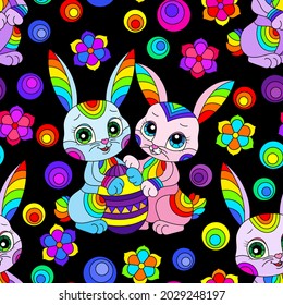 Seamless pattern on the theme of the Easter holiday, cute cartoon bright rabbits and flowers, colored animals on a dark background