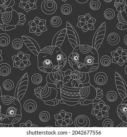 Seamless pattern on the theme of the Easter holiday, cute cartoon light contour rabbits and flowers, outline animals on a dark background