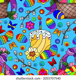Seamless pattern on the theme of the Easter holiday , baskets, cakes, eggs and flowers on a blue background