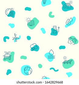 Seamless pattern on the theme of energy, ecology, solar panels, green energy, solar power, power socket bulb, wind power and more. simple color icons on beige background.