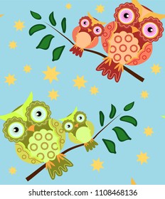 seamless pattern on the theme of family and nature. A family of owls sitting on a tree branch among flowers and butterflies.