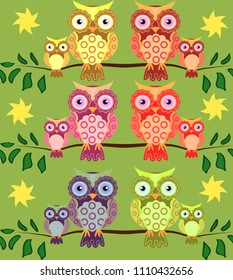 seamless pattern on the theme of family and nature. A family of owls sitting on a tree branch among flowers and butterflies.