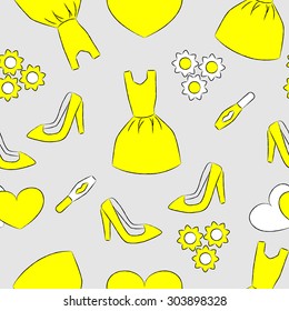 Seamless pattern on the theme of fashion. Vector. Little yellow dress.