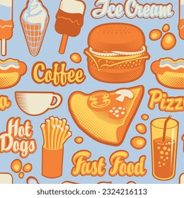 Seamless pattern on the theme of fast food menu with inscriptions and drawings in retro style. Cartoon vector background with pizza, burger, french fries, ice cream, cola, coffee and hot dog