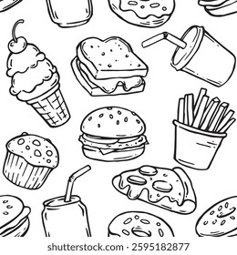 Seamless pattern on the theme of fast food, pizza, burger, ice cream and soda. Vector illustration in doodle style	