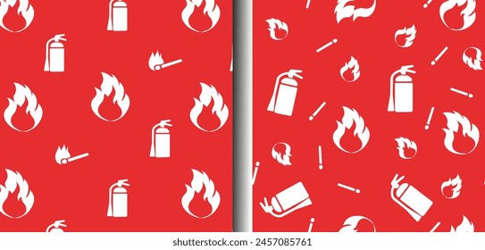 Patrón sin fisuras en el tema de seguridad contra incendios, protección contra incendios. Incendio, extintor, fósforo. Letreros blancos sobre fondo rojo. Fondo, papel de embalaje, tela, Fondo de pantalla.