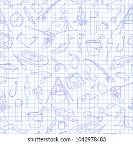 Seamless pattern on the theme of fishing, a simple hand-drawn blue  contour  icons on the clean writing-book sheet in a cage