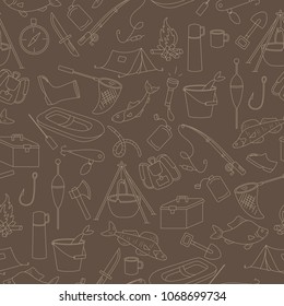 Seamless pattern on the theme of fishing, a simple hand-drawn beige outline on a brown background