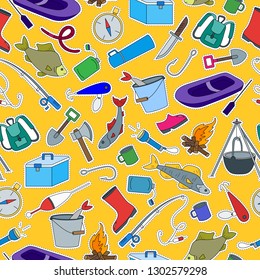 Seamless pattern on the theme of fishing, a simple hand-drawn patch icons on yellow  background