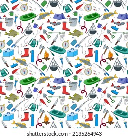Seamless pattern on the theme of fishing, a simple hand-drawn icons on a white background