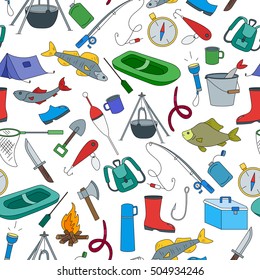 Seamless pattern on the theme of fishing, a simple hand-drawn icons on white background