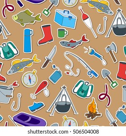 Seamless pattern on the theme of fishing, a simple hand-drawn icons on brown background