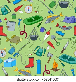 Seamless pattern on the theme of fishing, a simple hand-drawn icons on green background