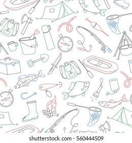 Seamless pattern on the theme of fishing, simple colored contour icons on white background