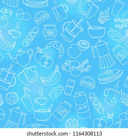 Seamless pattern on theme of food and breakfast , simple contour icons,light  outlines on blue background