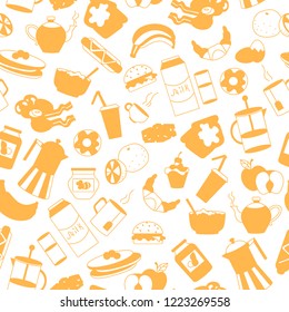 Seamless pattern on theme of food and breakfast , simple contour icons,orange silhouettes icons on a white background 