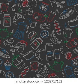 Seamless pattern on theme of food and breakfast , simple contour icons,painted with colored chalks on the dark school Board