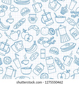 Seamless pattern on theme of food and breakfast , simple contour icons,blue  contour  icons on the clean writing-book sheet in a cage background