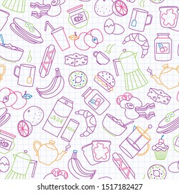 Seamless pattern on theme of food and breakfast , simple contour icons, painted with colored markers on the clean writing-book sheet in a cage
