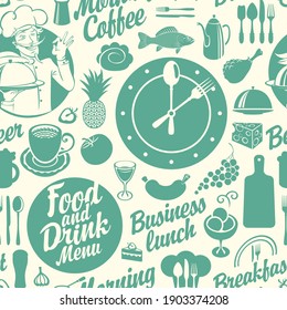 Seamless pattern on the theme of food and drink with various dishes, beverages and inscriptions on a light backdrop. Vector background in cartoon style. Great for wallpaper, wrapping paper, fabric