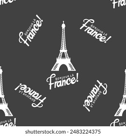 Seamless pattern on the theme of France. On a black background, handwritten text Hello, France! and a silhouette of the Eiffel Tower. Background for fabrics, clothes, wrapping paper, wallpaper.