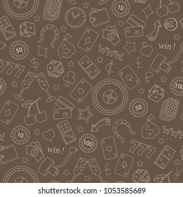 Seamless pattern on the theme of gambling and money simple beige outline on a brown background
