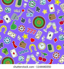 Seamless pattern on the theme of gambling and money simple painted patch icons on purple background