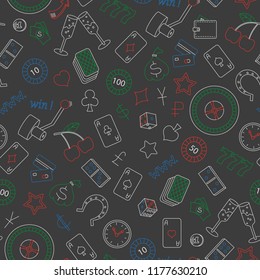 Seamless pattern on the theme of gambling and money simple colored contour icons on white background,colored chalks on the dark school Board