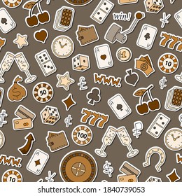 Seamless pattern on the theme of gambling and money, simple  icons on a brown background, tonr brown,monochrome