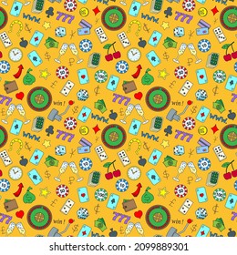 Seamless pattern on the theme of gambling and money simple painted icons on an orange background