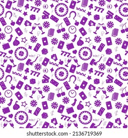 Seamless pattern on the theme of gambling and money, a purple silhouettes of icons on the white background 