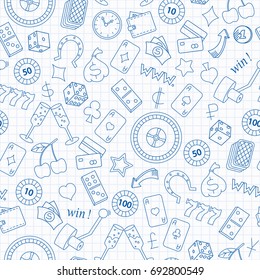 Seamless pattern on the theme of gambling and money ,blue  contour  icons on the clean writing-book sheet in a cage