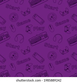 Seamless pattern on the theme of games. The objects are purple-black. The background is magenta. Vector illustration.