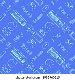 Seamless pattern on the theme of games. Items are light blue. The background is blue. Vector illustration.