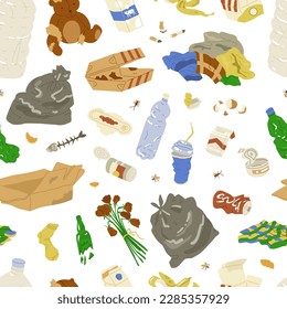 Seamless pattern on the theme of garbage and environmental pollution. An image for conservationists and waste recycling companies. Defender of nature. Vector illustration. Transparent background. 