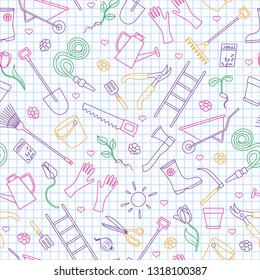 Seamless pattern on the theme of the garden , planting and growing harvest, simple colored contour icons on the clean writing-book sheet in a cage