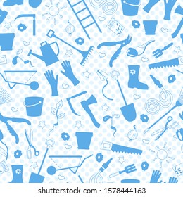 Seamless pattern on the theme of the garden , planting and growing harvest, a simple contour icons , blue silhouettes icons on a blue background polka dot