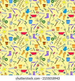 Seamless pattern on the theme of the garden , planting and growing harvest, a simple colored icons  on a yellow background