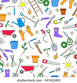 Seamless pattern on the theme of the garden, planting and growing harvest, a simple colored icons on white background