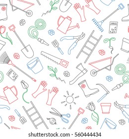 Seamless pattern on the theme of the garden , planting and growing harvest, simple colored contour icons on white background