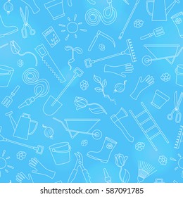 Seamless pattern on the theme of the garden , planting and growing harvest, a simple contour icons , white black contour on  a blue  background