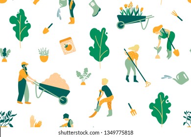 Seamless pattern on the theme of gardening. A set of objects and people involved in the care of plants. Gardeners men and women, care tools, trees and plants. Vector illustration.