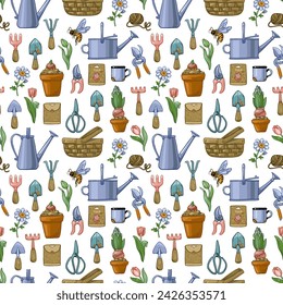 Seamless pattern on the theme of gardening with equipment, pots, flowers, watering cans, baskets, pruning shears.