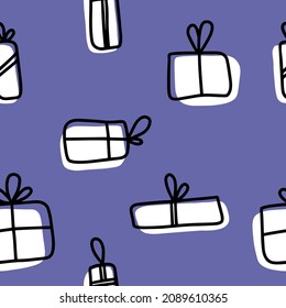 Patrón sin foco sobre el tema de los regalos. El color del año 2022, muy peri. Decorado con un esquema de regalos.