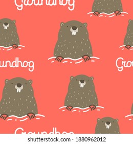 Seamless pattern on the theme of Groundhog Day on February 2. Decorated with a lettering and Groundhog.