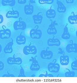 Seamless pattern on the theme of Halloween, different shapes of pumpkin on blue background