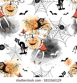 Seamless pattern on the theme of the Halloween holiday with a cute red-haired girl witch with a pumpkin. Graphics and watercolor background. Vector.